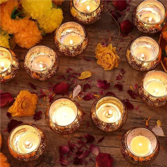 Round Gold Votive Candle Holders, Mercury Glass Candle Holder Set of 12 - Picture 2 of 7